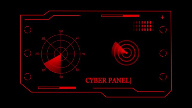 Red cyber panel interface with circular radar scanners and data visualization bars on a black background for futuristic technology and software