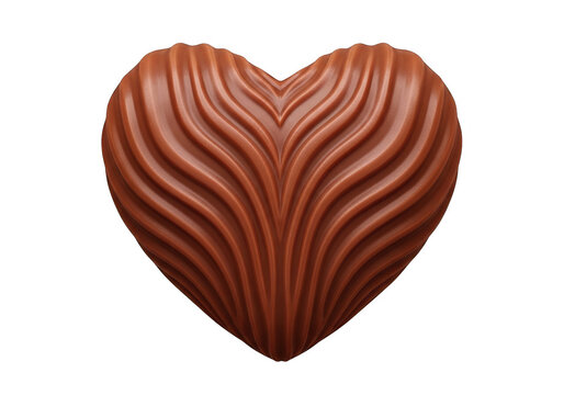 A single delicious milk chocolate heart shaped candy with a wavy textured surface design isolated on transparent background
