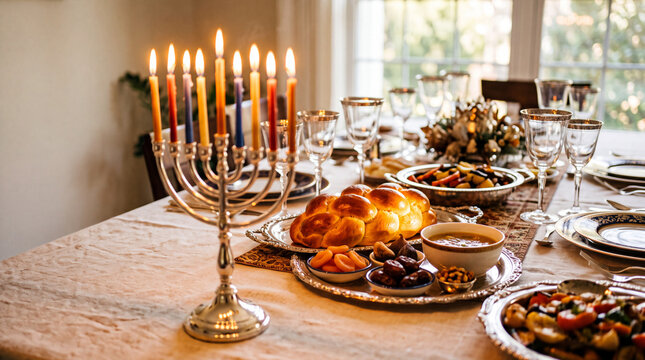 A beautifully set dining table for a festive meal. A menorah with lit candles stands beside a platter of challah bread and various dishes.
