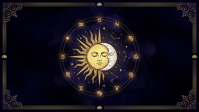 Zodiac wheel featuring sun and moon faces serves as an astral chart.
