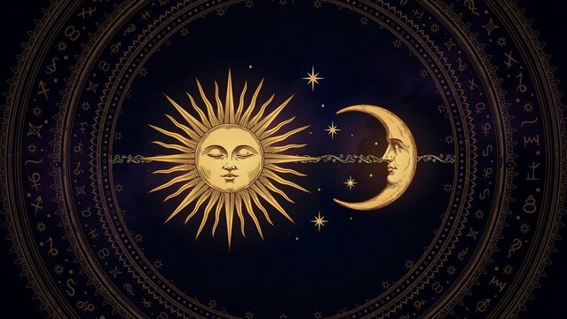 Sun and moon face symbolize the duality of cosmic astrological cycles.