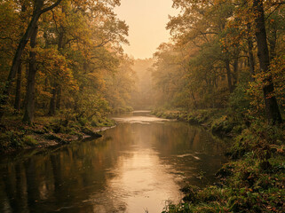 Fototapeta premium River through a dense autumn forest reflecting golden light through the trees