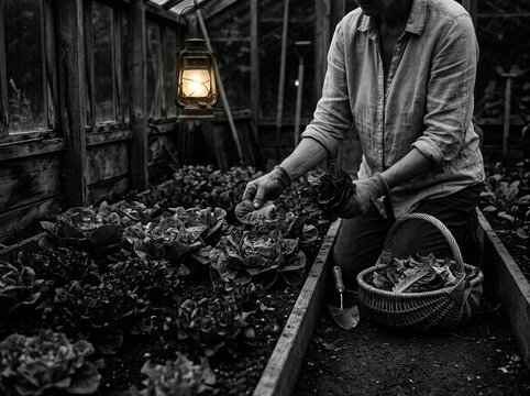 Woman pruning bare fruit tree branches in foggy orchard with secateurs