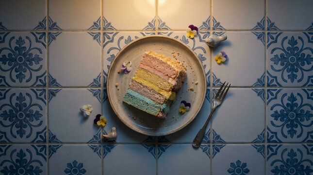 Slice of pastel layer cake on blue patterned tiles