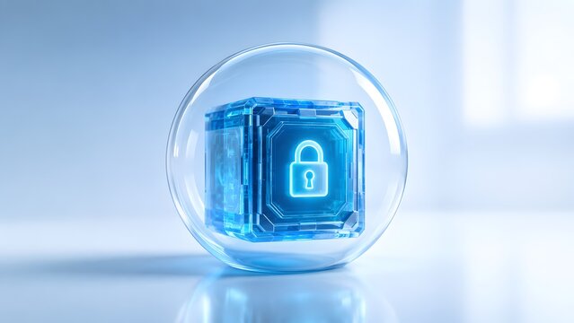 Digital data security concept showing a glowing padlock icon inside a futuristic cube protected within a transparent sphere, symbolizing global cyber protection.