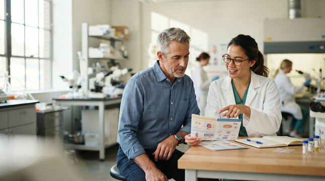 Scientist explaining medical brochure to patient in busy laboratory