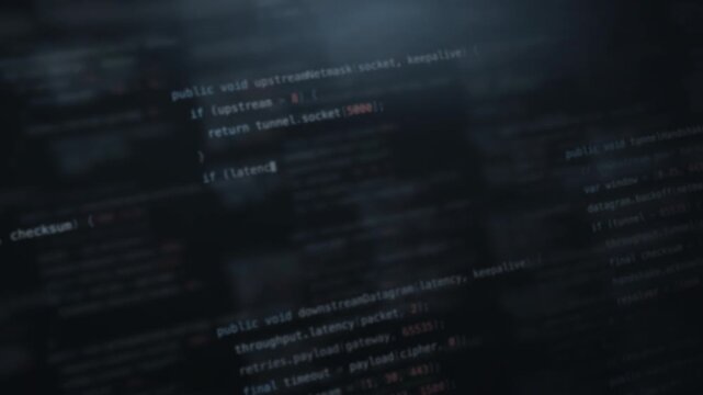 Dynamic blurred code background with soft glowing elements in shades of slate and teal, creating a tech-inspired atmosphere perfect for digital presentations and coding themes.