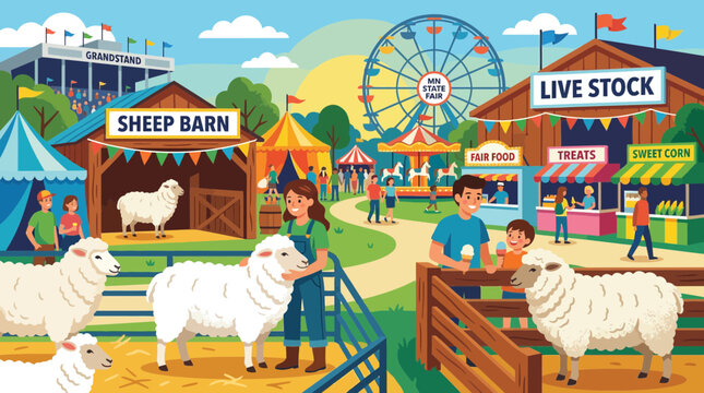Farm Animals at County Fair: Sheep Barn, Livestock, Ferris Wheel, Food Stalls