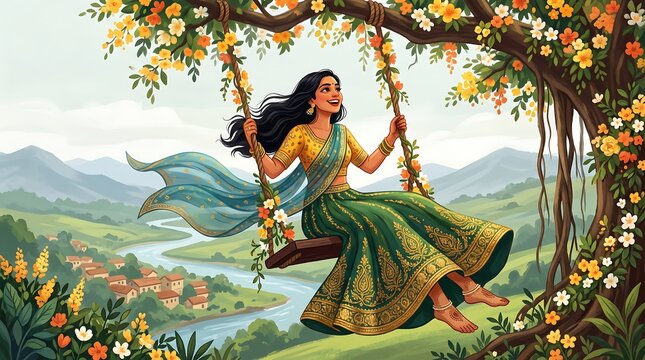 Stylized Indian Woman in Green Lehanga Choli Joyfully Swinging Under Floral Tree Background - Hariyali Teej Festival