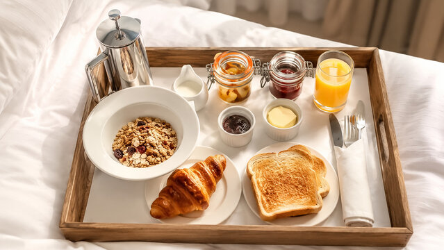 Enjoying a luxurious hotel experience with a full breakfast tray served on white linen, emphasizing comfort and hospitality