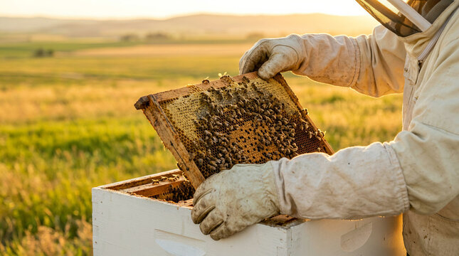 Beekeeper lifting a honeycomb frame from a white hive at golden hour