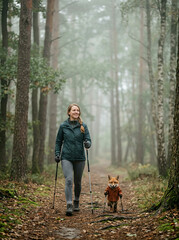 Fototapeta premium Young woman in hiking gear walking a misty forest path beside a red fox