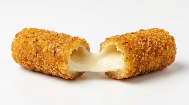Fried mozzarella cheese stick pulled apart isolated on white background