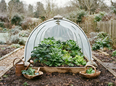 Rustic cold frame greenhouse with kale and spinach covered in frost