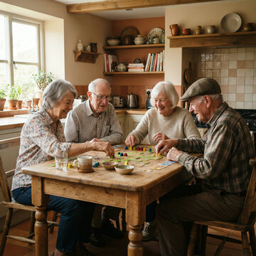 Older friends laughing over a board game at a pine table in a country kitchen