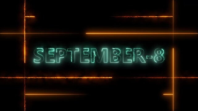 September 8 neon glowing text date reveal with abstract orange laser light lines background calendar