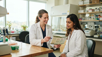 Obraz premium Scientists discussing health pamphlet in laboratory research setting