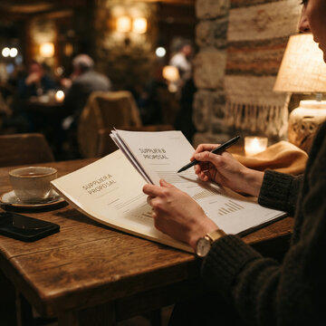 Person reviewing two supplier proposals at a table in a busy restaurant