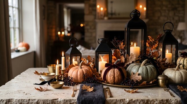 Elegant dining table decorated with pumpkins and candles for a cozy festive halloween dinner party