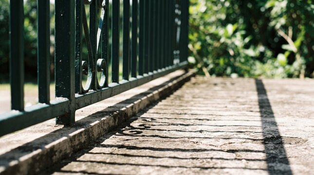 close up of wrought iron fence casting long shadows on concrete surface in sunlight