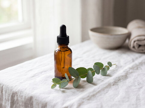 Amber dropper bottle with eucalyptus branch and ceramic bowl on white linen near window