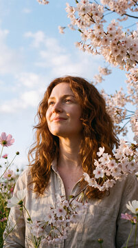 Vertical portrait of woman with auburn curly hair smiling among cherry blossoms under blue sky
