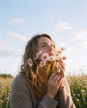 Woman in brown knit sweater holding bouquet of pink and white daisies in meadow at golden hour