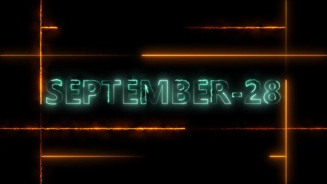 September 28 neon glowing text date overlay with dynamic orange light lines calendar