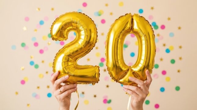 Person holding golden number 20 balloons for a twentieth birthday celebration