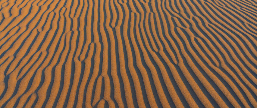 Aerial view of sand dunes with rhythmic wind-blown ripples and soft shadows in the desert.