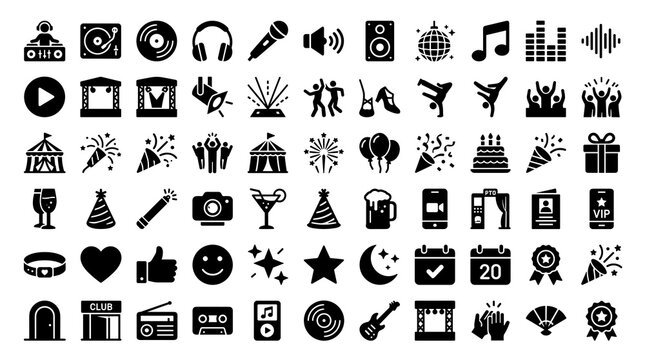 Modern Party and Nightlife Solid Glyph Icon Collection Featuring DJs, Dance, Music, Celebration, and Festival Vector Symbols