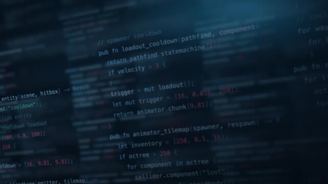 Dynamic blurred code background featuring a navy color scheme with glowing screen elements, showcasing various programming syntax in a soft-focus motion, ideal for tech-themed presentations and
