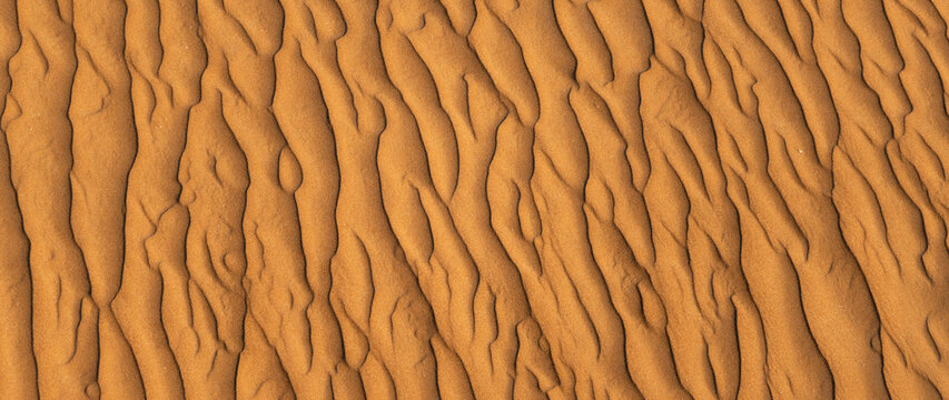 Aerial view of golden sand dunes with wind-swept ripples and textures in the desert.