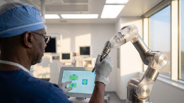 Modern medical professional operating robotic arm with touchscreen in bright hospital room, advanced technology in healthcare, surgical innovation, precision medicine, high-tech medical equipment