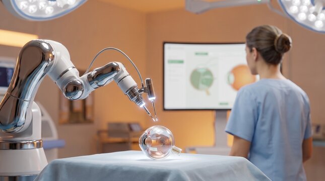 Advanced robotic surgery, medical professional observing a futuristic procedure, white robotic arm operating on a clear sphere, modern operating room with bright lights
