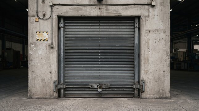 closed metal roller shutter door with padlock on concrete warehouse entrance
