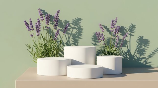 Empty white product display podiums with lavender flowers on a pastel green background
