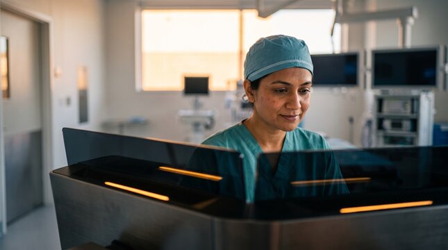 Female surgeon in teal scrubs and cap, looking at a modern medical device with a dark reflective screen, in a brightly lit operating room, healthcare and technology concept