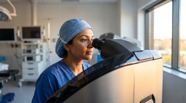 Focused female surgeon in blue scrubs and cap looking into a medical microscope, bright modern operating room, healthcare and medical research concept