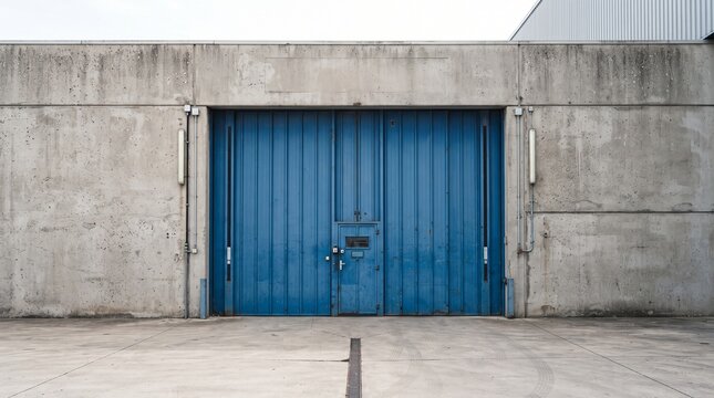 blue industrial roller shutter door on a concrete warehouse building wall