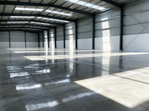 Large empty modern warehouse interior featuring polished concrete flooring with natural sunlight streaming through ceiling windows