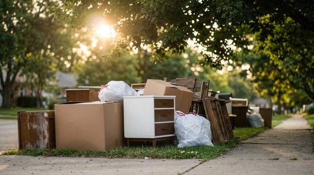 Bulk waste collection of discarded household items, including furniture and boxes, on a residential street curb.