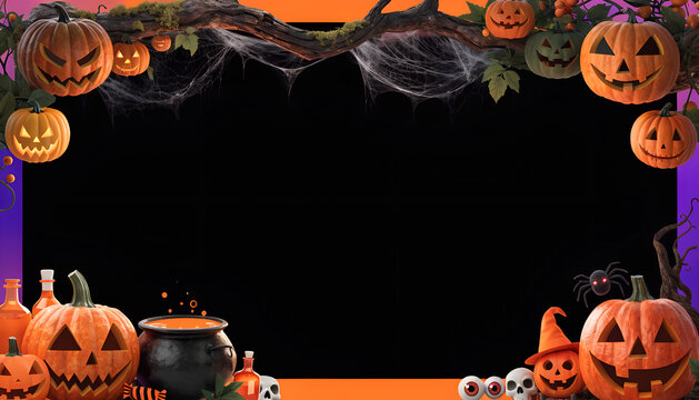 Halloween background border with carved pumpkins and spooky elements