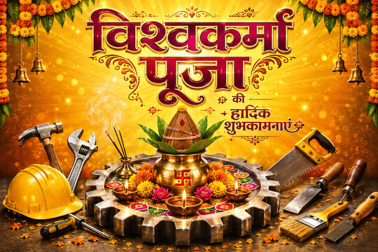 Vishwakarma Puja Hindi Typography with Kalash and Engineering Tools for Festival Greeting Banner