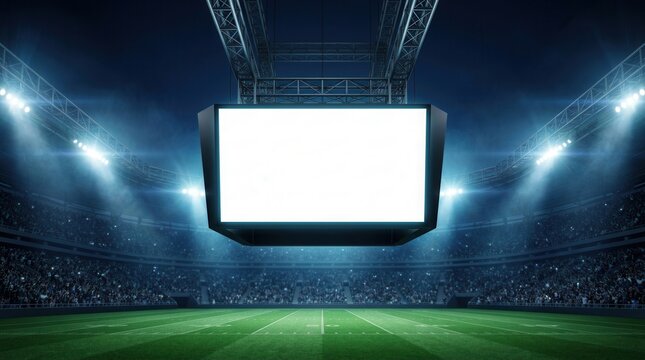 Bright arena lights illuminating a blank white screen on a modern sports venue scoreboard.
