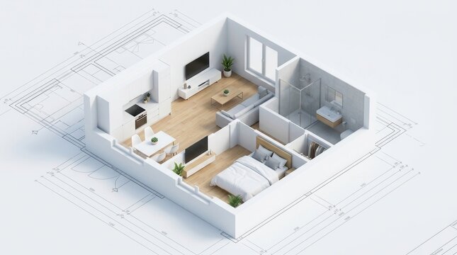 Interior design for a small apartment layout shown on a modern building plan including bedroom and dining areas.