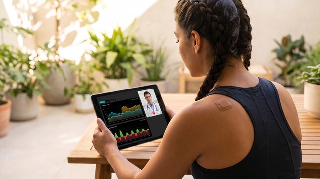 Telemedicine video call, young woman consulting doctor on tablet, health data charts, outdoor patio setting, modern healthcare concept