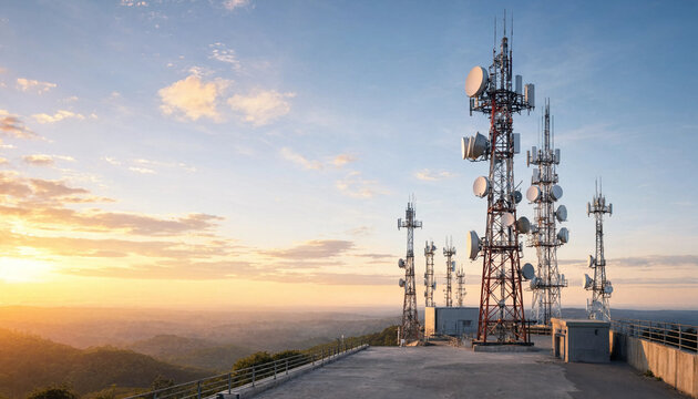 Telecommunication infrastructure towers on a hilltop at sunrise with telecommunication communication infrastructure broadcast connectivity technology transmitter wireless transmission