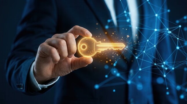 Data security access control and privacy ownership concept with a glowing golden key held near a digital network graphic as a future tech innovation solution.