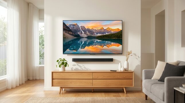 A modern living room with a stylish wooden TV stand and minimalist interior showing a smart TV connected to a sound bar.
